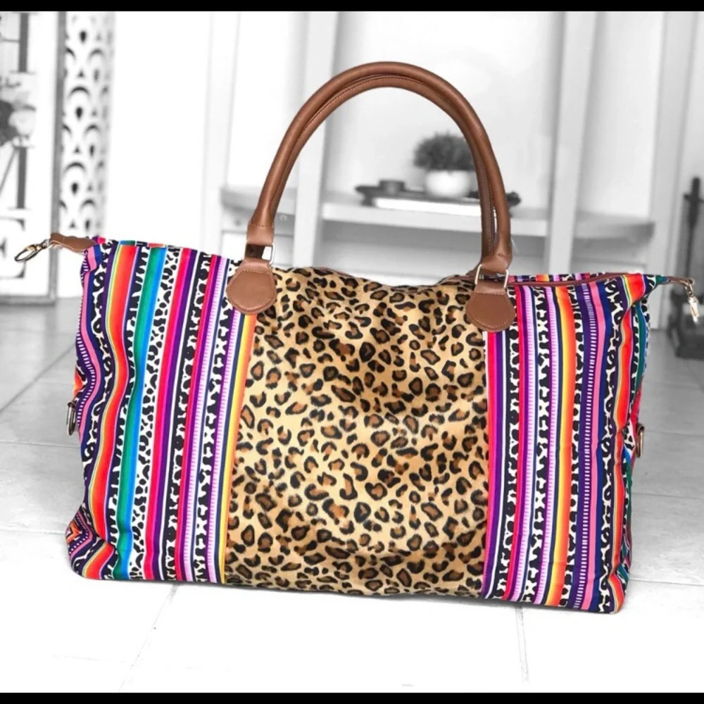 LAST ONE: Trendy cow leopard print colorful stripe overnight XL duffel bag - Picture 2 of 7
